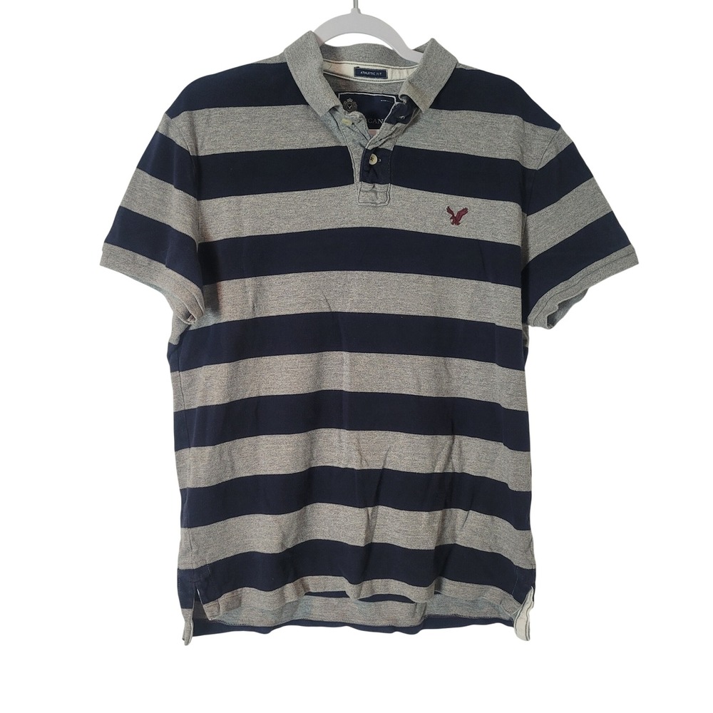 American Eagle Y2K Mens Large Athletic Striped Polo Shirt Navy Gray Slim Rugby